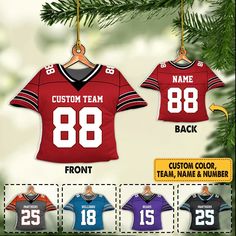 a football jersey ornament hanging from a christmas tree with the name and number on it