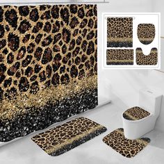 the bathroom is decorated in leopard print and has two rugs on the floor, one with