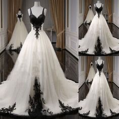 the back of a wedding dress with black and white lace on it is shown in three different views