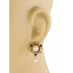 This lovely vintage earrings are crafted from 14k yellow gold with a polished finish. It has a three points design with blue enamel and a small mabe pearl in the center mounted in multi-prong setting. Dangling below is a smaller pearl. Comes with standard posts and has the 14k stamp.    Material: 14k yellow gold and blue enamel  Measurement: 1.05" long x 0.62" wide x 0.30" high  Pearl:  large: 6mm    Small: 4.3mm  Weight: 5.4 grams Elegant Enamel Earrings For Anniversary, Fine Jewelry Enamel Earrings For Formal Occasions, Formal Fine Jewelry Enamel Earrings, Formal Enamel Earrings In Fine Jewelry Style, Formal Enamel Earrings Fine Jewelry, Classic Enamel Earrings For Formal Occasions, Classic Formal Enamel Earrings, Classic Gold Enamel Earrings, Elegant Yellow Gold Enamel Clip-on Earrings