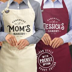 two women in aprons standing next to each other with the words mom's bakery on them