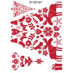 a red and white paper cutout with christmas decorations in the shape of birds, snowflakes and stars