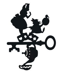 a black and white silhouette of two children on top of a key with a teapot