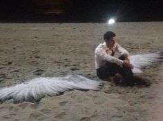 a man kneeling down next to a dead bird on the beach with its wings spread out