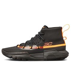 a black and orange basketball shoe with the number 50 on it's upper part