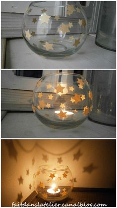 three different views of the inside of a glass bowl with stars on it, and one showing