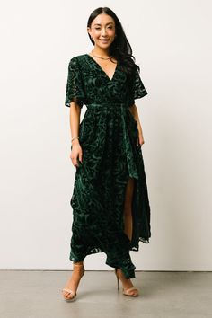 Say hello to our Uma Velvet Maxi Dress! This gorgeous dress features clove velvet material with a unique burnout mesh floral print. Maxi Dress Dark, Embossed Velvet, Velvet Wrap Dress, Baltic Born, Velvet Maxi Dress, Velvet Maxi, Green Bridesmaid, Green Floral Dress, Maxi Dress Green