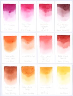 watercolor swatches with different shades of red, orange, yellow and pink on them