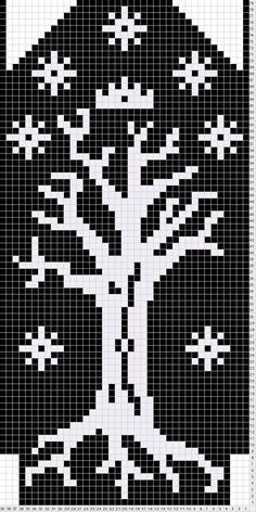 a black and white cross stitch pattern with an image of a tree in the center