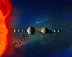 an artist's rendering of the solar system, with its eight planets in orbit