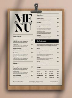 a clean and modern resume template on a clipboard with the words menu written in black