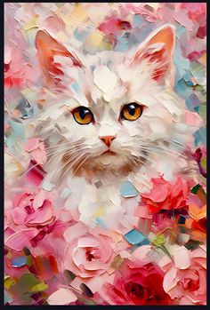 a painting of a white cat surrounded by pink flowers