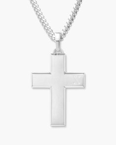 A timeless classic. The silver Mosaic Cross Pendant is an essential accessory for men looking to expand their silver jewelry collection, featuring sleek, angled edges and a fine brush finish. With this best-selling silver cross pendant necklace, getting dressed and showcasing your faith has never been easier. With proper stainless steel jewelry care, this piece will stay fresh through everyday wear. Classic Silver Crucifix Necklace, White Gold Polished Cross Necklace, Classic Polished Crucifix Cross Necklace, Silver Crucifix Necklace With Polished Finish, Silver Crucifix Cross Necklace With Box Chain, Classic Silver Cross Pendant Necklace, Silver Cross Necklace With Box Chain, Classic Silver Pendant Cross Necklace, Sterling Silver Cross Necklace With Pendant