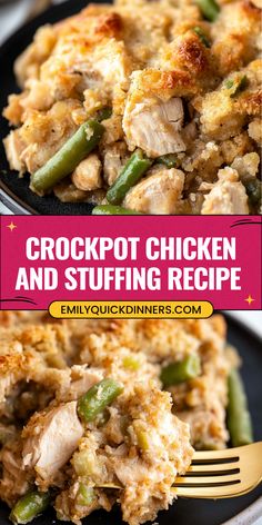 crockpot chicken and stuffing recipe on a black plate with a fork in it