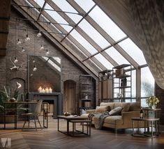 a living room filled with furniture and a fire place next to a loft style ceiling