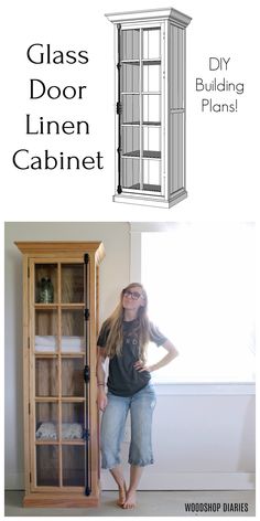 a woman standing in front of a glass door cabinet with the words, diy building plans