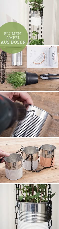 four different views of pots with plants growing out of them, and in the process of being made