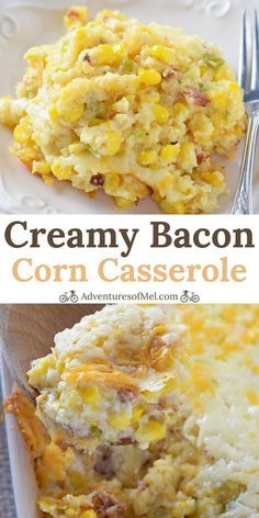 creamy bacon and corn casserole on a white plate