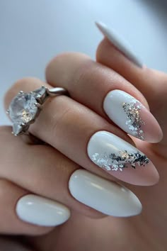 White And Silver Nails, Her Nails, Foil Nails, Silver Nails