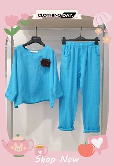 Blue Floral Cotton Blend Long Sleeve Suits Blue Long Sleeve Pant Set For Spring, Blue Long Sleeve Solid Color Sets, Blue Long Sleeve Sets, Casual Blue Sets For Spring, Casual Blue Pant Set For Summer, Casual Blue Long Sleeve Sets, Casual Light Blue Sets With Pockets, Blue Long Sleeve Pant Set For Summer, Blue Solid Color Sets For Spring