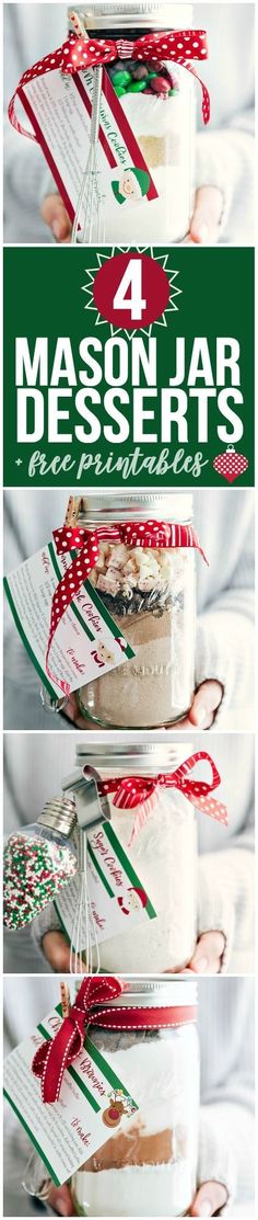 four mason jar desserts are stacked on top of each other with ribbons around them