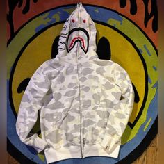 Bape Shark Zip Up Hoodie White And Glow In The Dark Small Stain On Left Bottom Pocket Shark Zip Up Hoodie, Bape Sweater, Bape Shark, Bape Hoodie, Hoodie White, White Hoodie, Zip Up Hoodie, Full Zip Hoodie, Colorful Hoodies