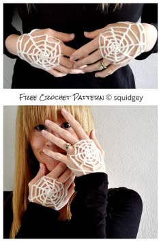 two pictures show the hands and fingers of a woman with white lace on her arms