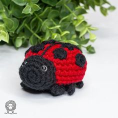 a red and black crocheted ladybug sitting on top of a white table