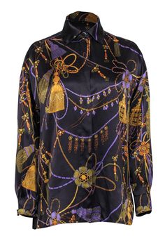 Current Boutique-St. John - Black Tassel Floral Pattern Silk Top Sz 2 Elegant Multicolor Graphic Print Top, Elegant Multicolor Tops With Graphic Print, Black Silk Blouse With Floral Print, Elegant Baroque Print Tops For Spring, Elegant Long Sleeve Tops With Tassels, Comfy Flats, Fabric Labels, Ribbed Knit Dress, Body Dress