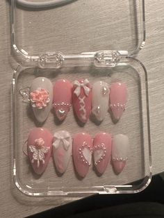 Creamy pink and white coquette heart nail set with 10 pairs of press-on nails. Comes with cuticle pusher, nail file and nail glue. #kawaii #jfashion #cute #coquette #preppy Message after buying for sizing! Birthday Nails Press On, Nail Inspo Pointy, Nail Stuff Products, Pink Nails Coquette, Nail Style, Sanrio Nails Design, Nail Inspo Coquette, Nails Pink White, My Melody Inspired Nails