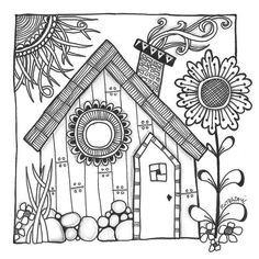 a drawing of a house with flowers and sunflowers on the outside, in black and white