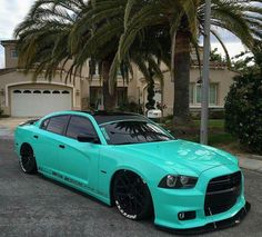 a blue car parked in front of a palm tree