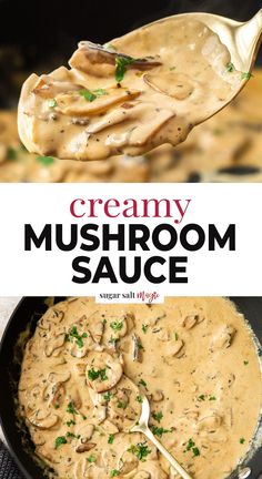 creamy mushroom sauce in a skillet with spoon