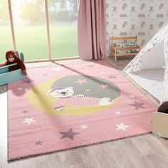 a child's room with pink carpet, teddy bear and teepee tent in the corner