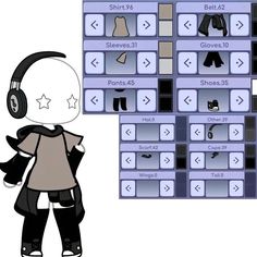 a cartoon character with headphones on standing next to a computer screen that displays clothing and shoes