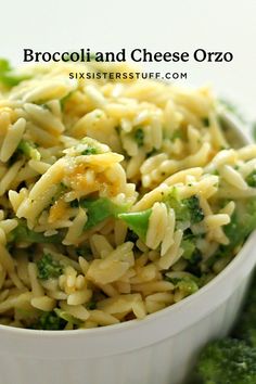 broccoli and cheese orzo in a white bowl