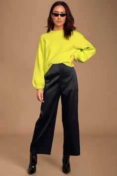 Satin Trousers Outfit, Wide Leg Black Pants Outfit, Zipper Clothes, Cropped Pants Outfit, Women's Professional Clothing, Catching Feelings