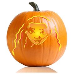 a pumpkin with a drawing of a woman's face on the front and side