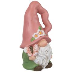 a pink and green gnome figurine with white hair