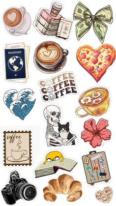 various stickers that include coffee, croissants and heart shaped items on white background