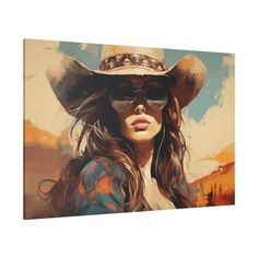 a painting of a woman wearing a cowboy hat and sunglasses