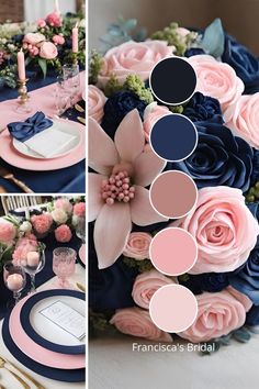 the table is set with pink, blue and white flowers in shades of navy and pink