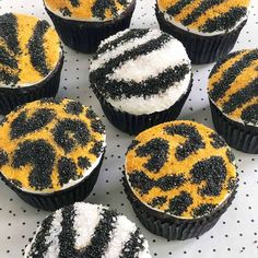 cupcakes decorated with black and yellow frosting