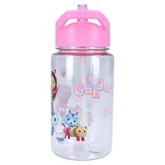 a water bottle with cartoon characters on the lid and pink plastic straw in front of it