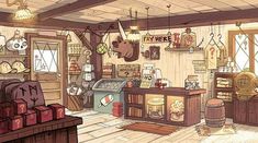 a drawing of a store with many items on the shelves