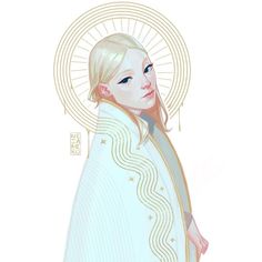 a drawing of a woman with blonde hair and blue eyes wearing a white robe, standing in front of a cross