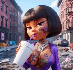 a cartoon girl with tattoos drinking out of a cup in the middle of a street