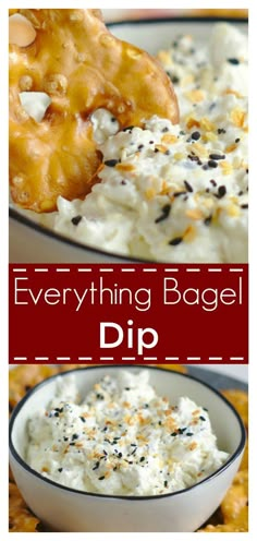 everything bagel dip in a white bowl with black sprinkles on top