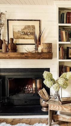 a living room filled with furniture and a fire place in front of a bookshelf