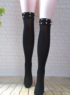 Spiked knee high boot socks , Thigh High socks ,over the knee socks with the rivets , woman leg warmers, Beautiful super soft long leg warmers. Can be worn on the shoe and after them. These leg warmers are any boot's best friend. You can pair them with tights, leggings, skirts, skinny jeans for a sweet cozy look. Made in high quality,My specifically rivets design. Black, opaque stocks The leg warmers are made of: 85% regenerated cotton, 10% nylon 5% elastic SIZE: One size fits most. long 45cm (1 Black Thigh High Socks, Black Knee High Socks, Lace Boot Socks, Wool Leg Warmers, Pretty Socks, Emo Stuff, Goth Fashion Punk, Black Thigh High, Over The Knee Socks